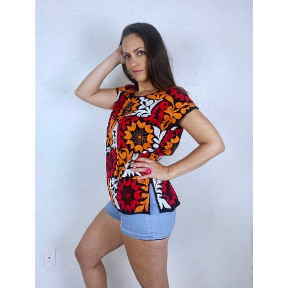 vintage 70s Orange Red EMBROIDERED BIRDS Jalapa Huipil MEXICAN Top os tunic boho - Picture 9 of 10